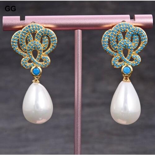 GuaiGuai Jewelry Teardrop White Sea Shell Pearl Gold Plated Turquoise Blue Cz Drop Stud Earrings