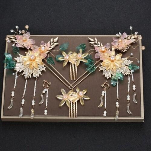 Brides Chinese Headdress Tiara Glazed Flowers Classical Accessories Shell Flowers Tassels Small Hair Crown Wedding Hair Jewelry