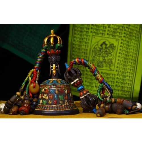 8"Tibet Temple Collection Old Bronze Tracing Rattle Sanskrit symbol Bells Vajra set Pendant gem Town House Exorcism