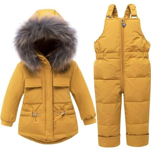 Girl Set Clothes Real Fur Collar Down Jacket With Childrens Overalls For Kids Baby Boys Thicken Warm Outerwear Snowwear Coats