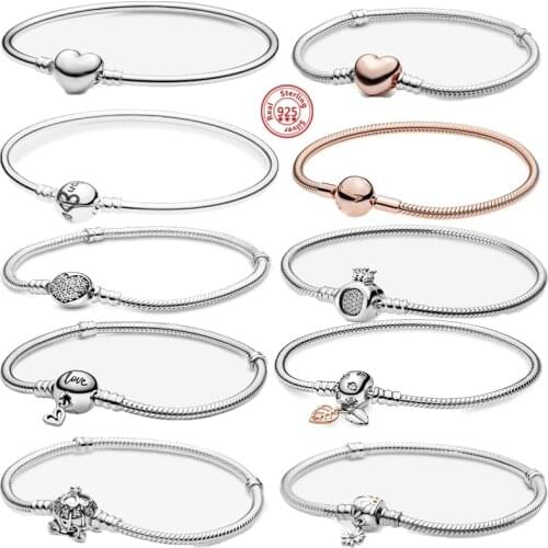 Top Sale Styles 925 Sterling Silver Heart Leaves Clasp Femme Snake Chain Bracelets Fit Original Brand Charms Beads Jewelry Women