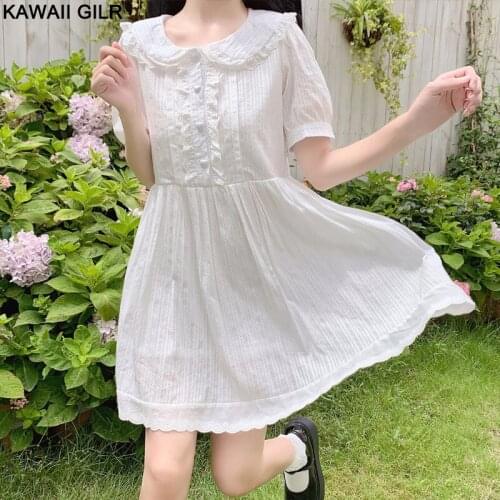 Japanese Sweet White Mini Dress Women Summer 2021 Doll Collar Puff Sleeve Lace Splicing Daily Lolita Dresses Vestidos De Mujer