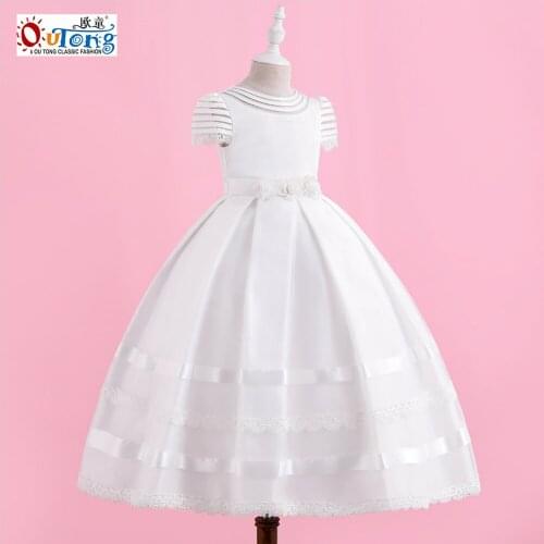 Outong New Childrens Clothing Flower Girl Dress Lace Appliques Short Sleeve Long White Dress For Wedding Party Kids Clothes
