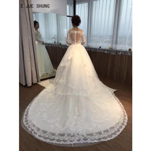 E JUE SHUNG New Lace Sexy Wedding Dresses Long Sleeves V Neck Zipper Back Lace Appliques Wedding Bridal Gowns vestido de noiva