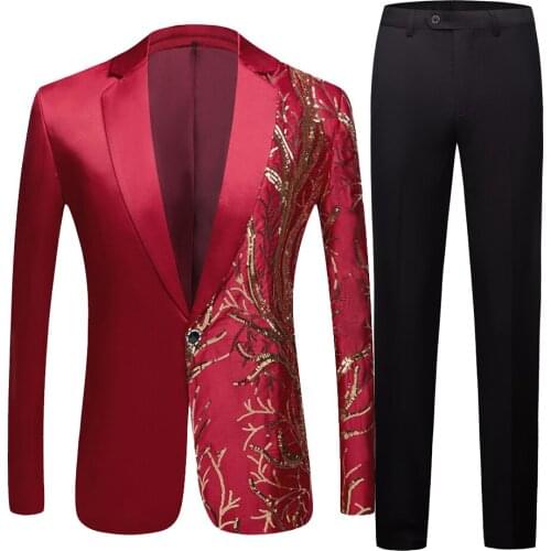 New mens wine red sequin suit suit wedding groom costume night club party dance singer Sequins Blazer Costume Wedding Suits