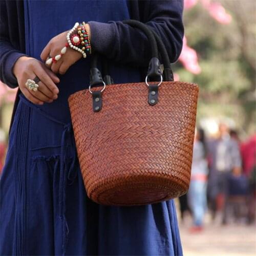 23x24CM Original Chinese Style Retro Bag Thai Handmade Rattan Bag Straw Bag Casual Vacation Beach Bag a6107
