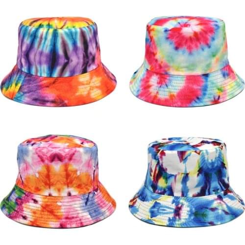 2021 Tie Dye Printed Panama Hat Cap Reversible Bucket Hat Summer Sun Hats for Women Gorro