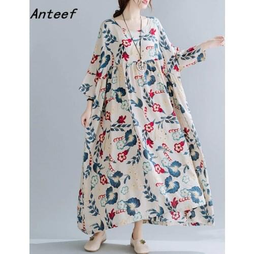 Cotton linen vintage floral dresses for women casual loose long woman summer dress elegant clothes 2021 sundress