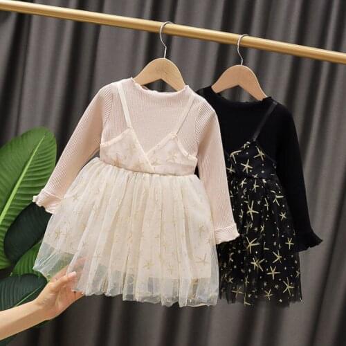 Girls Dresses Long Sleeve Lace Sling Casual Dresses for Baby Girls Sequins Stars Tutu Mesh Dresses for Girls Childrens Dresses