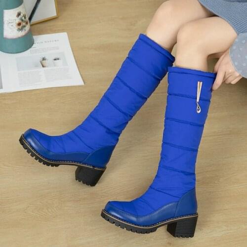 2021Winter Women Shoes Down Shoes Knee High School Boots Fleece Fashion Warm Snow Boots Non-slip Square Root Large Size 34-43