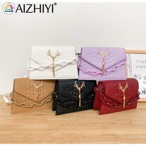 Fashion Women Antler Tassel Solid Color Alligator Pattern Shoulder Messenger Bag Casual Ladies Chain PU Leather Handbags