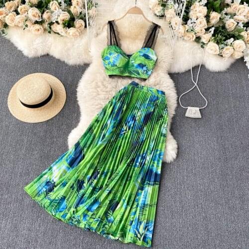 Bohemian 2pcs Set Women Vacation Beach Floral Printed Short Strapless Tops Lady High Waist Pleated Long Skirt Suit Spring Summer