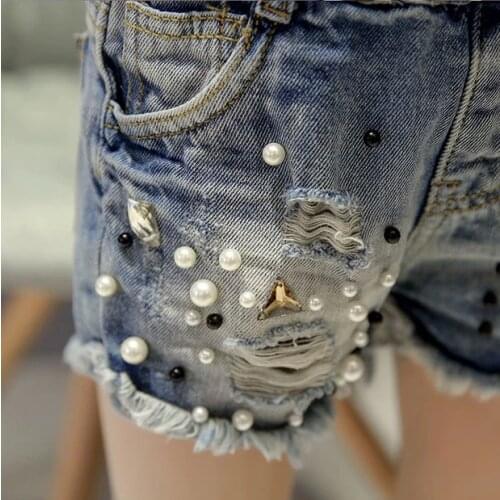 2019 spring summer girl hole pearl jeans shorts denim pant