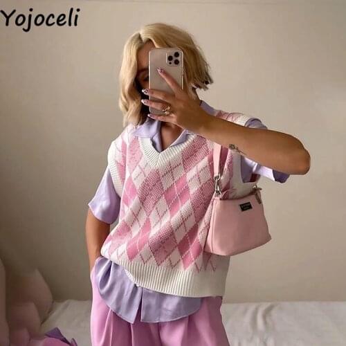 Yojoceli Sexy geometric wave knitted women sweater vest Autumn v neck sleeveless sweater pullover Casual cool fashion vest