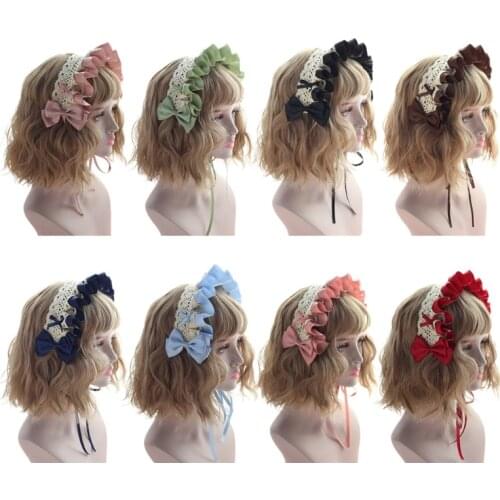 Gothic Lolita Headdress Ruffled Lace Ribbon Bowknot Headband Cute Anime Maid Cosplay Costume Hair Accessories Hairpin