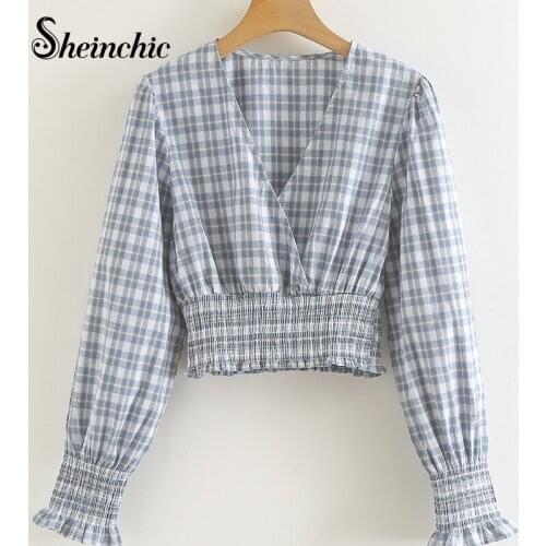 Sheinchic Women 2021 Fashion New Cropped Blouses Vintage Long Sleeve V Neck Plaid Female Shirts Chic Tops