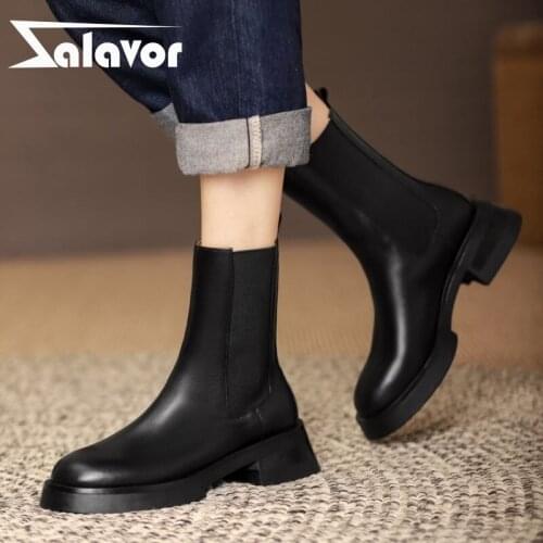 Zalavor Real Leather Women Shoes Ankle Boots Thick Heels Slip On Fashion Short Boot Cool Winter Ladies Footwear Size 34-39