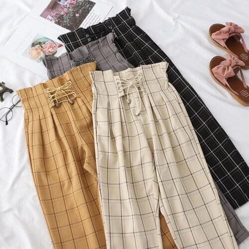 New Korean Chic Summer Women Casual Pants High Waist Black Apricot Khaki Gray Plaid Harem Trousers Bandage Loose Elegant Capris