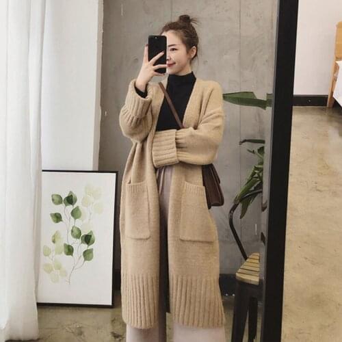2021 Autumn Winter New Korean Womens Lazy Wind Loose Thick Mid-Length Elegant Knitted Cardigans Sweater Jacket Female s1017