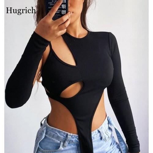2021 Sexy Hollow Out One Piece O Neck Bodysuit Female Women Vintage Retro Bodycon Asymmetric Long Sleeve Sleeveless Bodysuit
