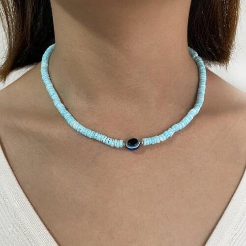 Marioho Simple Beaded Evil Eye Charms Choker Necklace Acrylic Blue Rice Bead Strand Bohemian Handmade Jewelry For Women Party