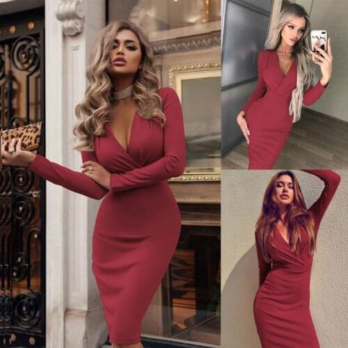 2019 Newest Elegant arrival Women Sexy V-neck Bodycon Fold Long Sleeve Dress Evening Party Formal Dress