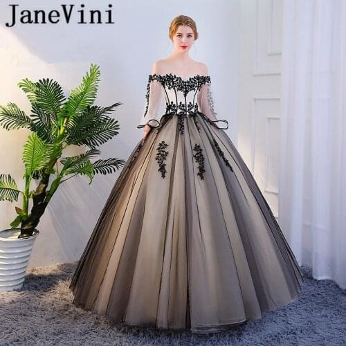 JaneVini Vestidos Long Mother of The Bride Dresses With Sleeves Ball Gown Black Lace Appliques Tulle Floor Length Vestido Noite