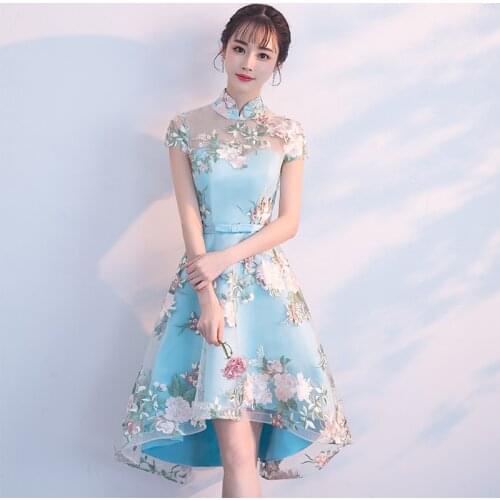 Mandarin Collar Women Cheongsam Sexy Persepective Oriental Qipao Classic Embroidery Flower Prom Gown Elegant Robe De Soiree