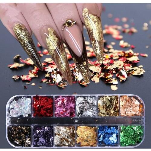 12 Grid Platinum Shards Gold Foil Nail Stickers Sequins Fashion Shimmer Nail Beauty Jewelry Accessory Decoration Nail Art Tool