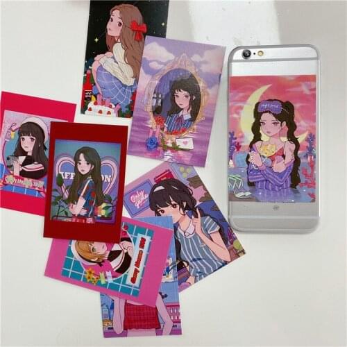 9 Sheets Japanese Harajuku comic Girl Card Retro Illustration Postcard Mobile Phone Decorative Sticker Photo Props Stationery