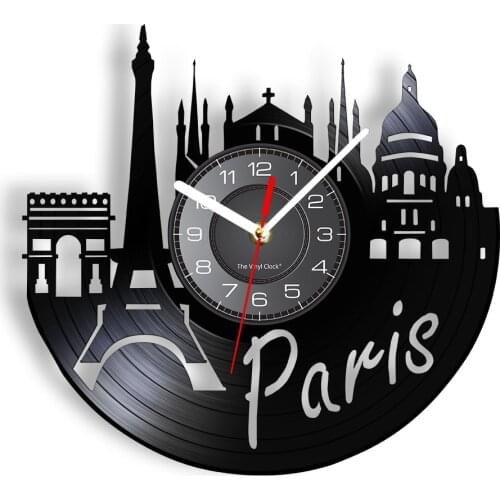France Tourism Paris City Skyline Artwork Wall Clock Retro Vinyl Disk Crafts Home Decor Paris City Landscape Silent Wall Watch