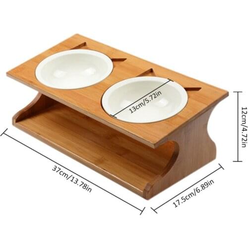 Pet wooden Tilted Feeders Pet Anti-slip Double Ceramic Bowl Cat Dish with Slope Base Lovely Pet Bowls with bamboo stand CW120