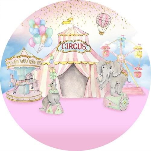 Photography Background Baby Shower Circus Backdrops for Girl first Birthday Banner Table Cover Elephant Round Backdrop