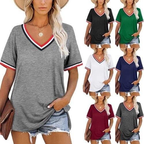 Summer Women T shirt V-Neck Stitching Short Sleeve Top Plus Size 3XL Casual Soft Hem Split Tees Fashion Striped Ladies Clothing