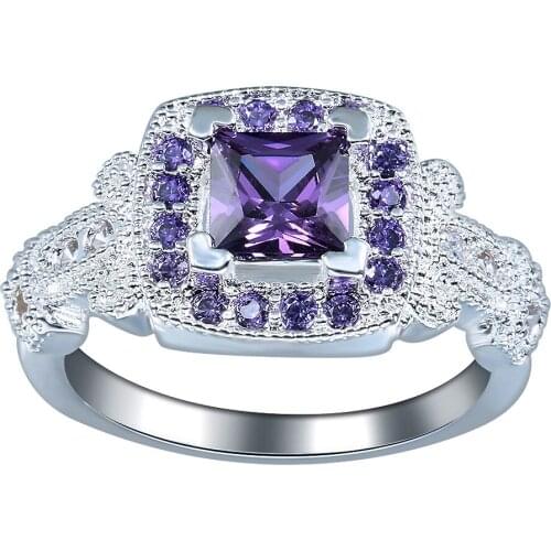 Hainon New Purple Square Zircon Silver Color Finger Ring for Women Hot Jewelry Vintage Crystal Lady Jewellery Ring Gifts