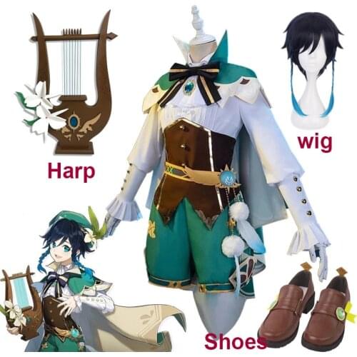 Game Genshin Impact Venti Cosplay Costume Genshin Impact Venti Cosplay PU Leather Shoes PVC Harp Prop Halloween Carnival Cosplay