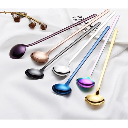 1PC Stainless Steel Coffee Spoon Kitchen Plating Long Handle Mixing Spoons Dessert Ice Cream Sweets Teaspoon Rose Gold Sliver