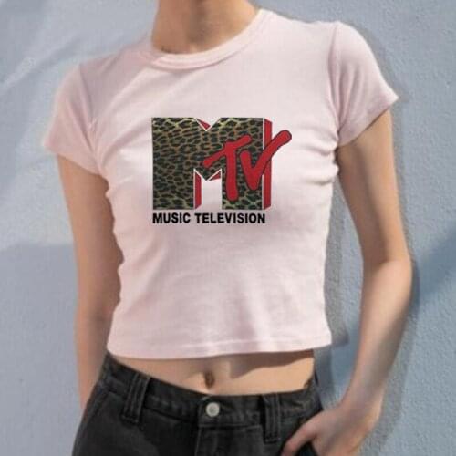 MTV Leopard Retro Crop Top Women 90s Fashion Exposed Navel Tee Vintage Cheetah Cropped Baby Tee Boho Hippie Clothing