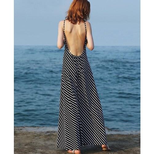 European and American fashionable stripe backless casual dress