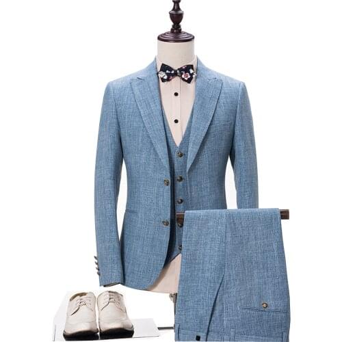 Custom Made Men Suits Light Blue Tuxedos Suit Homecoming Suit Linen Wedding Suit Groom Wedding Prom Tuxedo Business Plus Size