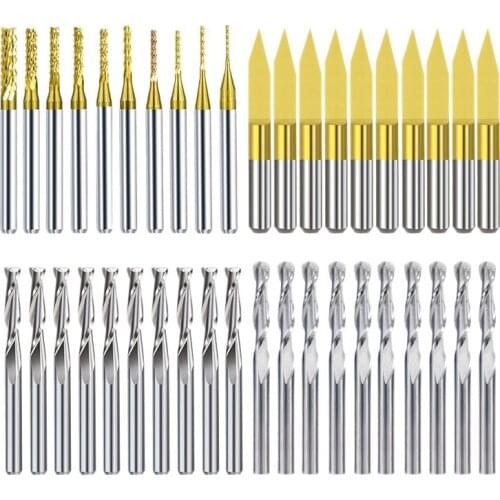 40Pcs End Mill Engraving Bits Set Nano Yellow Coated CNC Router Bits Cutting Milling Cutter 1/8 inch Shank Milling Tools