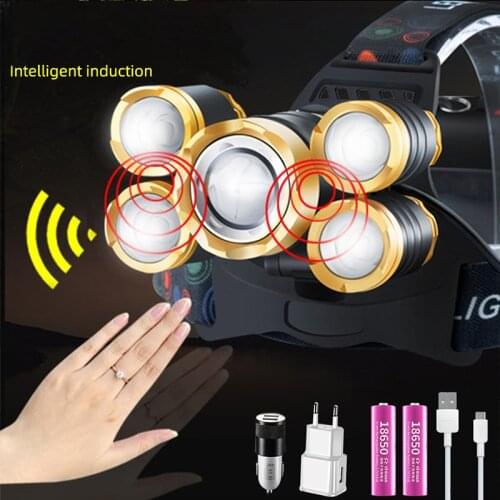 High power super bright headlamp 5LED T6 USB rechargeable Zoom smart sensor headlamp 18650 battery Best For Camping, fishing