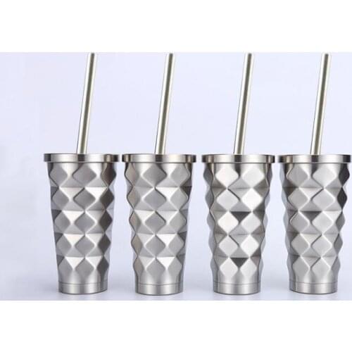 Quevinal 50pcs 500ml 17oz diamond style Coffee Straws cups Stainless Steel Wall Beer cups Vacuum flask Travel Tea thermos mugs