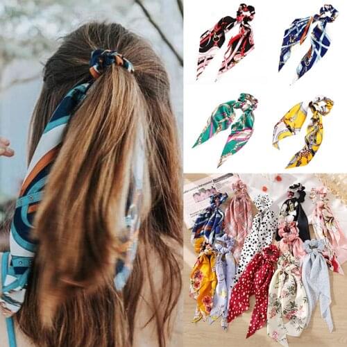 Vintage Dot Scrunchies White Hairband Hair Rubber For Women Girls Elastic Hair Bands Floral Long Ribbon Hair Accessories
