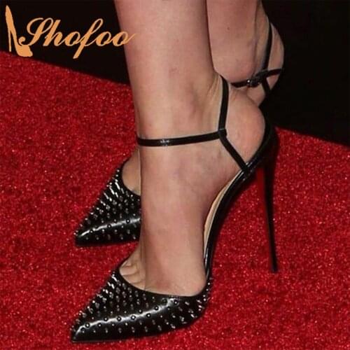 Black Rivets Stilettos Ankle Wrap Pumps Woman High Thin Heels Buckle Strap Pointed Toe Large Size 31 37 Lady Party Shoes Shofoo