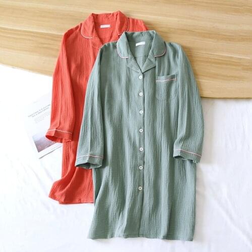 Autumn Womens 100% Cotton Crepe Gauze Nightgowns Long Sleeve Nightdress Home Skirt Solid Lapel Sleep Tops Loose Sleepwear 2021