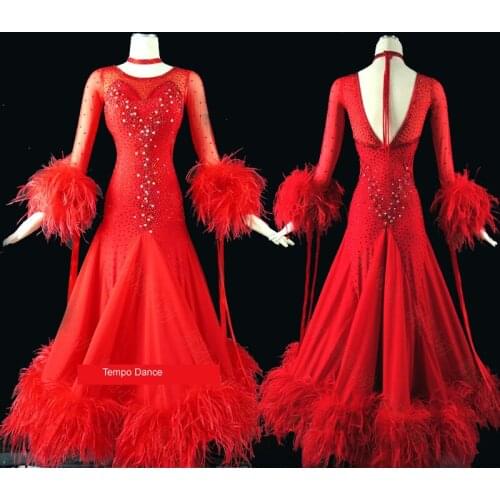 Women Modern Dance Competition Costume New Red Feather Diamond Dress Tango Waltz Ballroom Dancing Performance Stage Wear