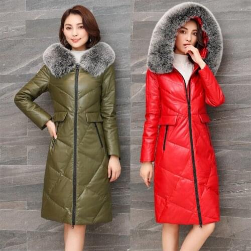 Sheepskin Genuine Leather Down Jacket for Women Winter Fox Fur Collar Hooded Long Coats Large Size Chaqueta Mujer KJ587