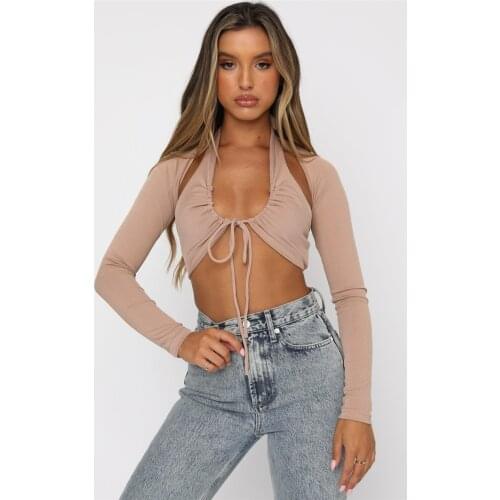 Women Solid Color Fashion Street 2PCS Tie Up Halter Crop Top+Cutout Long Sleeve T-shirts Ribbed Slim Fit Clothing Female S-XL