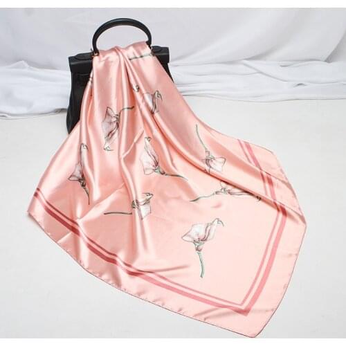 Vintage Square Kerchief Scarf for Women Stylish Flower Print Hijab Turban Head Neck Polyester Satin Shawl Stole Scarves 90*90cm